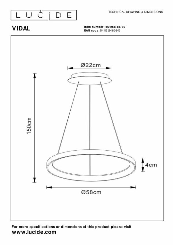 Vidal - Hanglamp - Ø58 cm - Led Dimb. - 1x48W 2700K - Zwart Lucide Hanglamp 46403/48/30