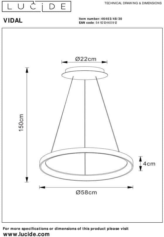 Vidal - Hanglamp - Ø58 cm - Led Dimb. - 1x48W 2700K - Zwart Lucide Hanglamp 46403/48/30