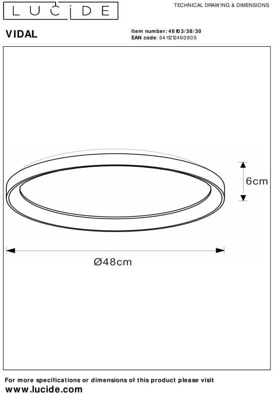 Vidal - Plafonnière - Ø48 cm - Led Dimb. - 1x38W 2700K - Zwart Lucide Plafondlamp 46103/38/30