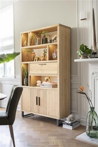 Henders & Hazel Pavie bergkast open 125 cm. - 2-deuren + 1-klep + 6-niches (+ LED) - natural Naturel Kast