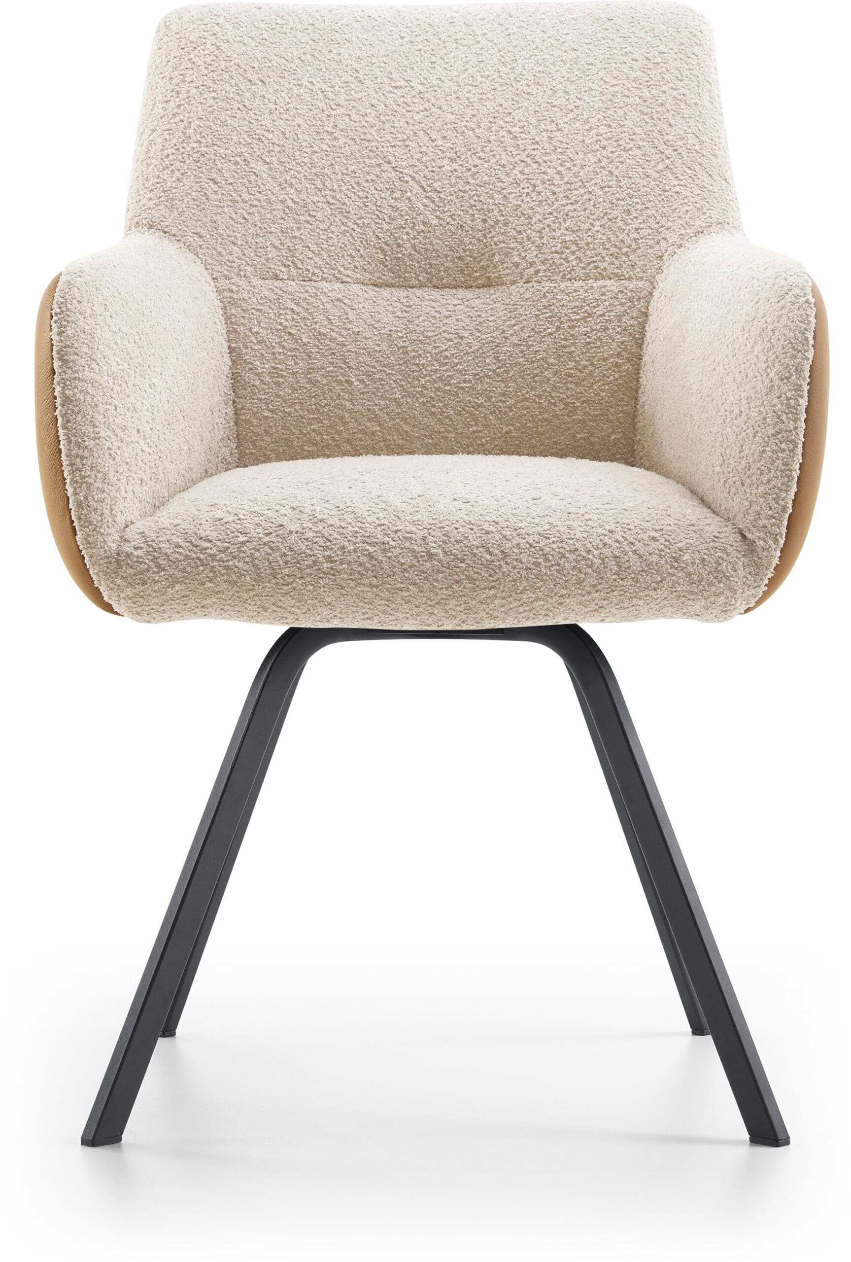 Via Del Corso armstoel, exclusief design uit de collectie van Baenks. Deze elegante eetkamerstoel is niet alleen zeer comfortabel, bij dit Baenks design heeft u de keuze uit maar liefst 7 verschillende onderstellen. Ook voor de bekleding heeft u de keuze uit diverse stoffen en ledersoorten. Ook een combinatie leder/stof is mogelijk. Zoals afgebeeld: in stof Teddy 3612-beige (voorkant) en leder Semi aniline 376-light cognac (achterkant) met zwart metalen poot type A en terugdraaimechanisme. Afmeting: H89 x B62 x D55 cm.