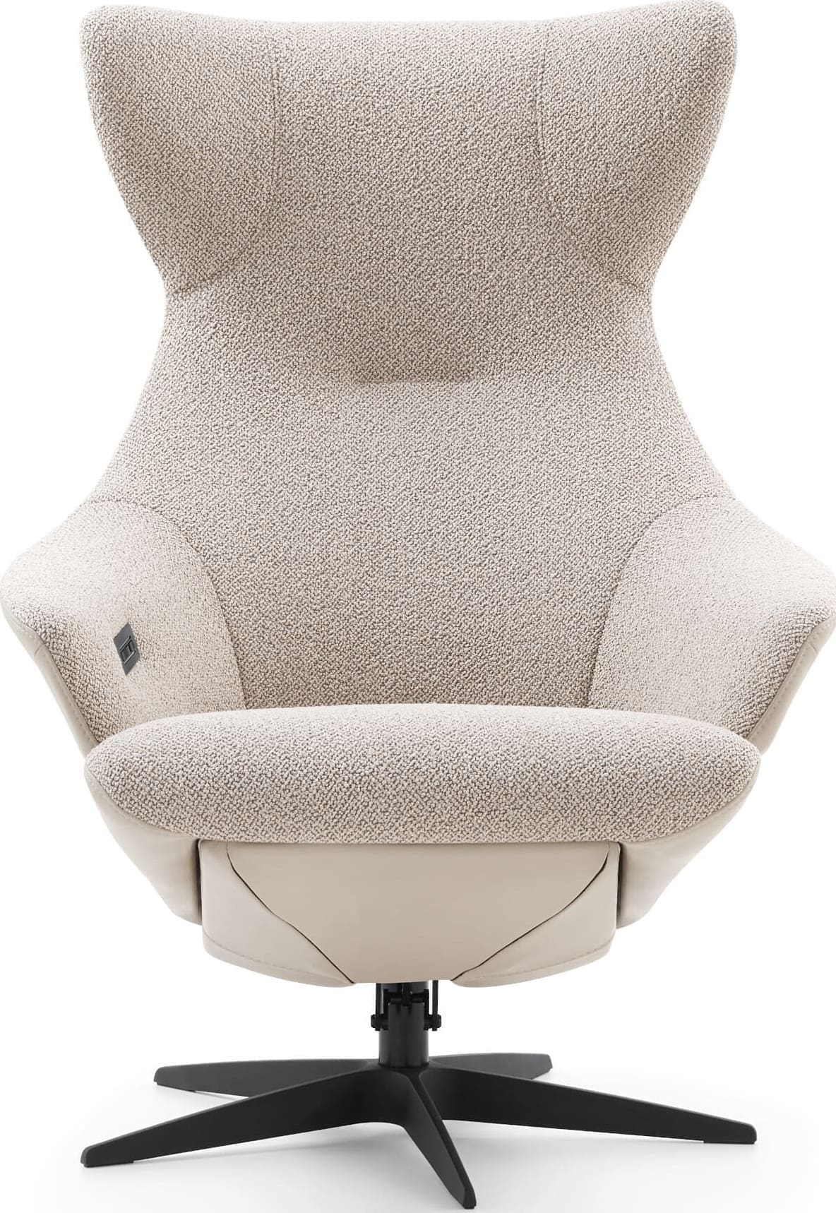 Borgognona , exclusief design uit de collectie van Baenks. Uitgevoerd in maatvoering MEDIUM uitvoering ARC: buitenzijde in leder Polo 1027 , binnenzijde stof Cosmo 01-nature, poot X60 zwart metaal met viltdop. Afmetingen: H107 x B078 x D084 cm. Verkrijgbaar in vele maatvoeringen en keuze uit vele stoffen en ledersoorten.