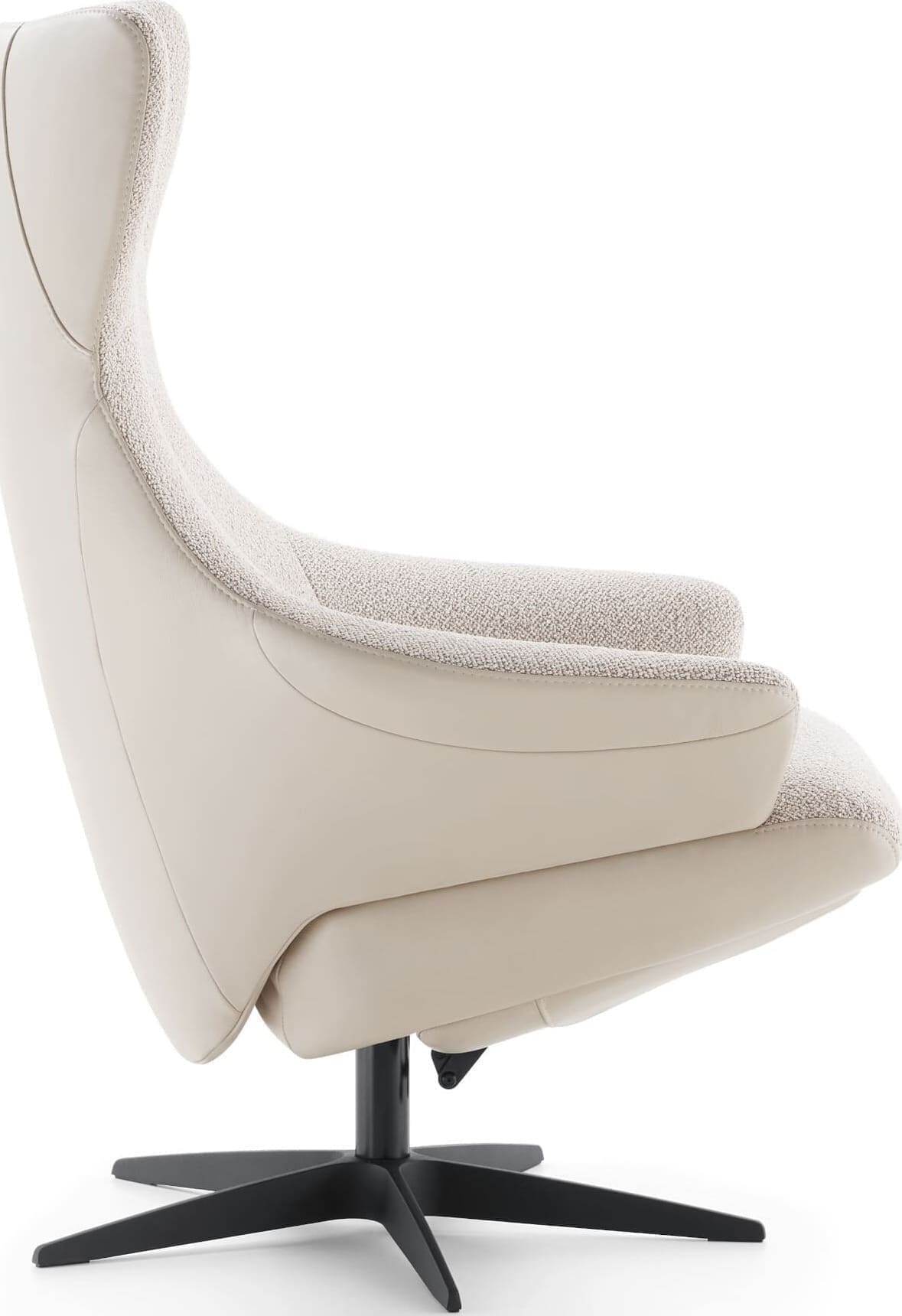 Borgognona , exclusief design uit de collectie van Baenks. Uitgevoerd in maatvoering MEDIUM uitvoering ARC: buitenzijde in leder Polo 1027 , binnenzijde stof Cosmo 01-nature, poot X60 zwart metaal met viltdop. Afmetingen: H107 x B078 x D084 cm. Verkrijgbaar in vele maatvoeringen en keuze uit vele stoffen en ledersoorten.