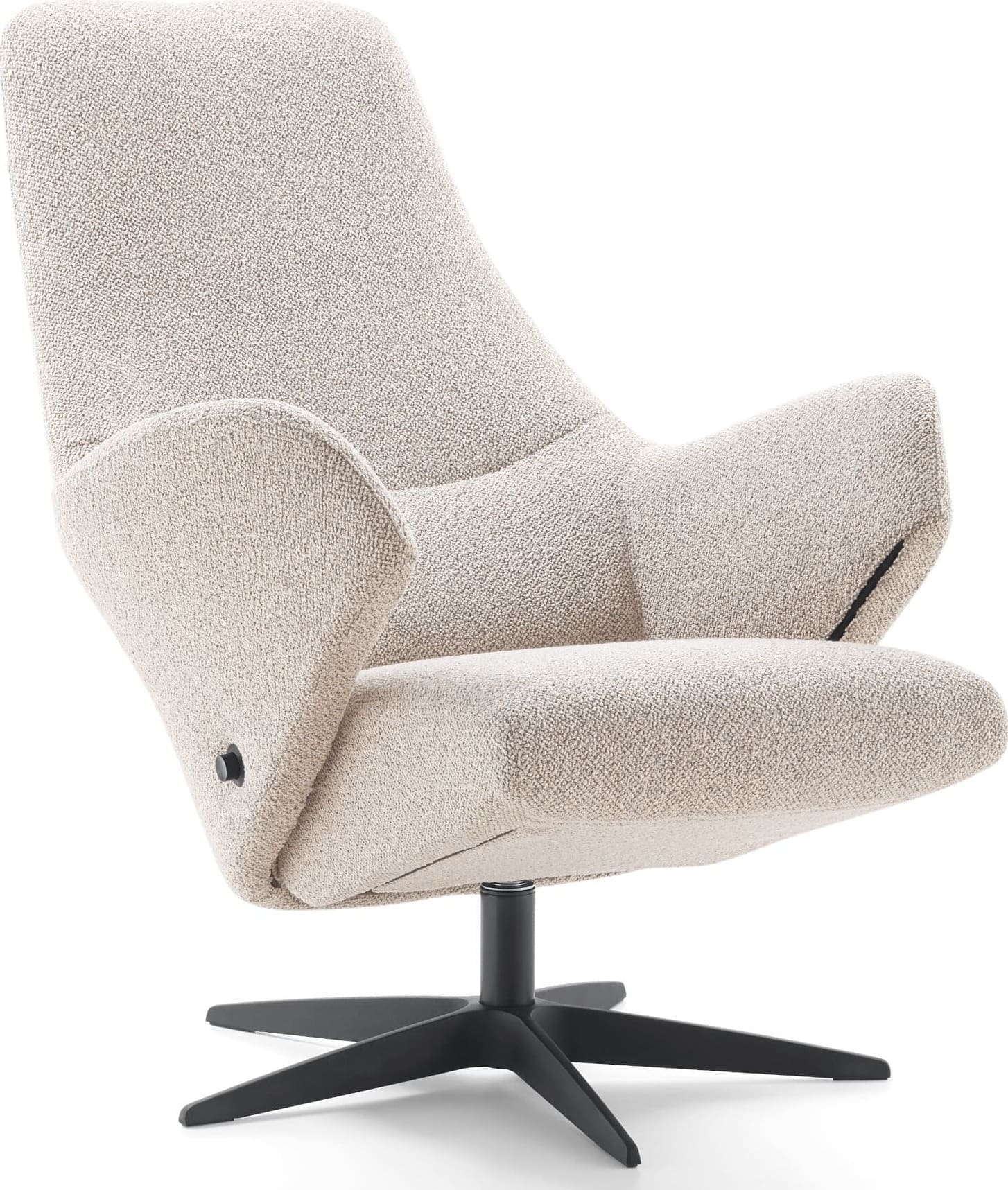 Mercerie fauteuil, exclusief design uit de relaxfauteuil collectie van Baenks. Uitgevoerd in maatvoering SMALL uitvoering Basic in stof Cosmo 01-nature, poot X60 zwart metaal met viltdop. Afmetingen: H109 x B072 x D082 cm. Verkrijgbaar in vele maatvoeringen en keuze uit vele stoffen en ledersoorten.