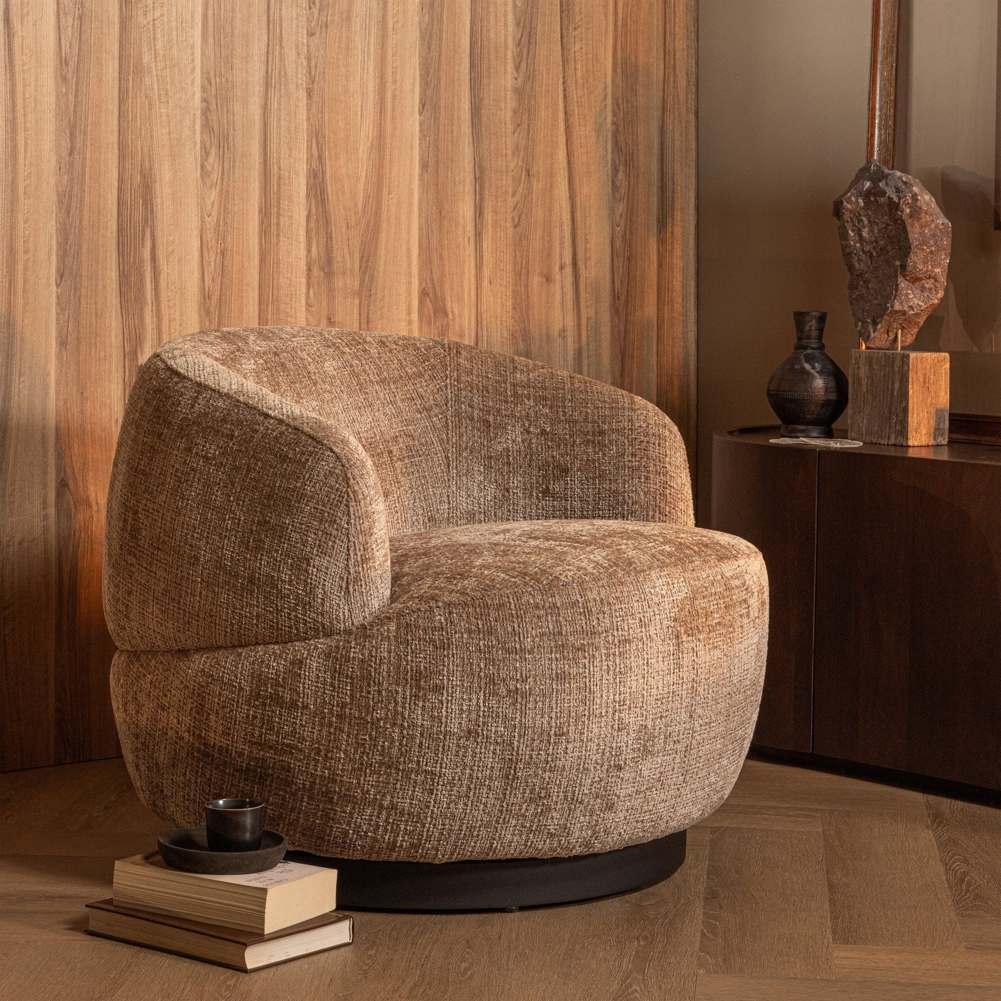BePureHome Woolly draaifauteuil chenille zand Beige|Bruin Draaifauteuil