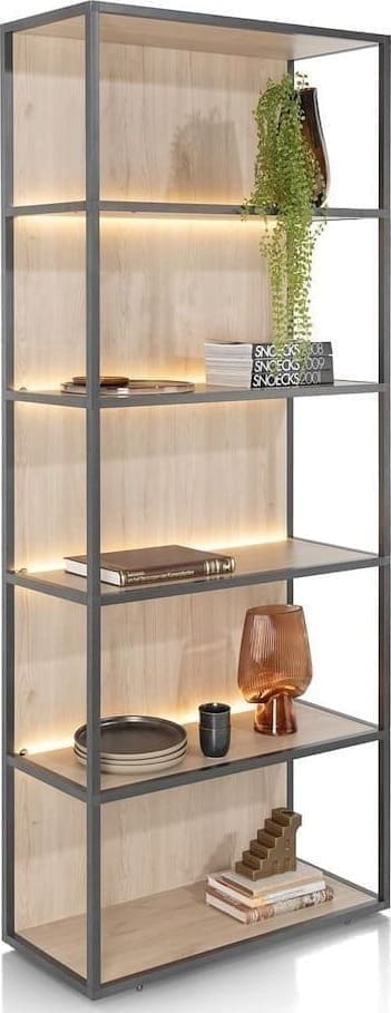 Xooon Lindfield boekenkast 80 cm. - 5-niches (+ LED) Naturel|Bruin Kast