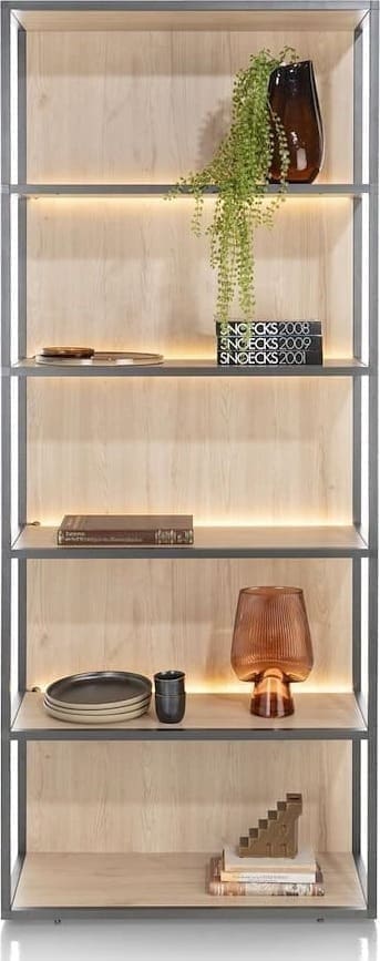 Xooon Lindfield boekenkast 80 cm. - 5-niches (+ LED) Naturel|Bruin Kast
