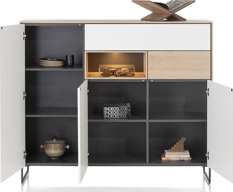 Xooon Lindfield dressette 160 cm. - 3-deuren + 2-laden + 1-niche (+ LED) Naturel|Bruin Kast