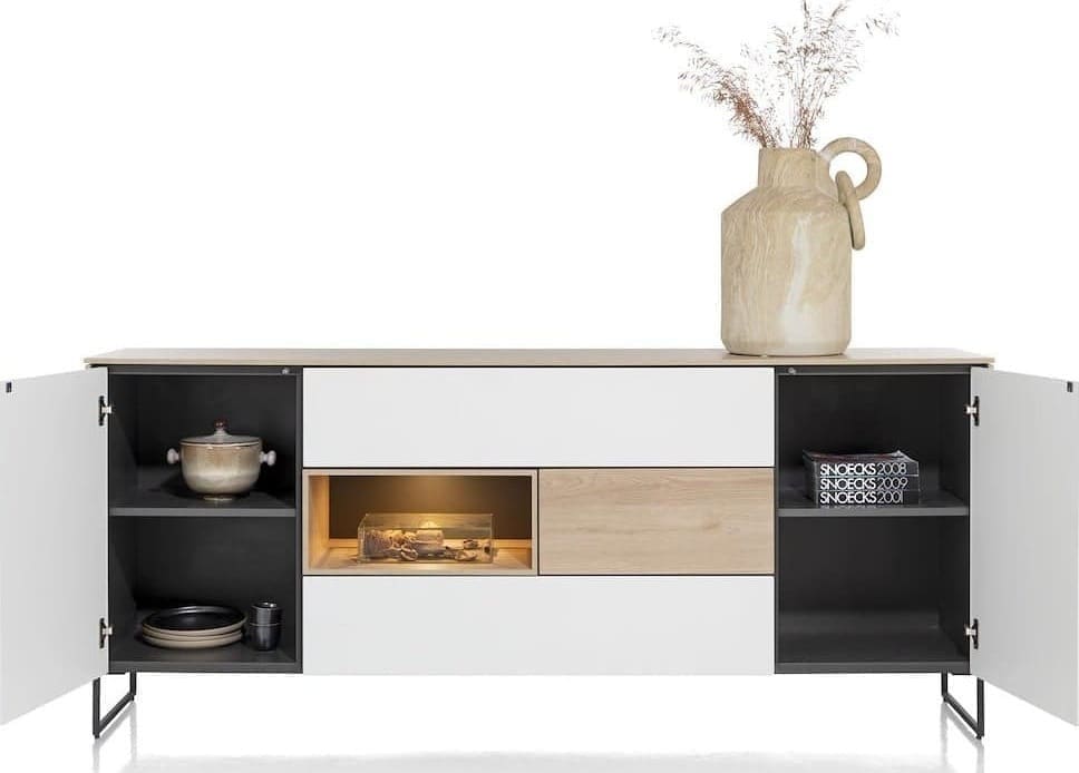 Xooon Lindfield dressoir 200 cm. - 2-deuren + 3-laden + 1-niche (+ LED) Naturel|Bruin Dressoir