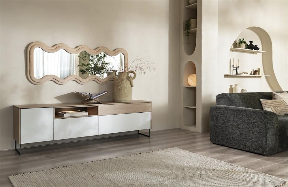 Xooon Lindfield lowboard 200 cm. - 1-deur + 3-laden + 1-niche (+ LED) Naturel|Bruin Tv-meubel|Tv-dressoir