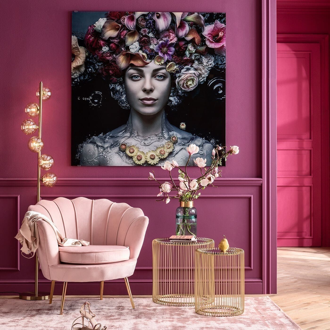 Schilderij Glas Flower Art Lady 120x120cm Kare Design Schilderij 65022