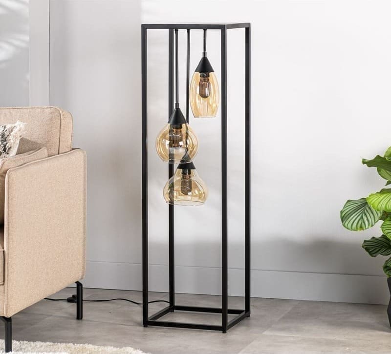 Pronto Wonen Vloerlamp Lungo glas amber zwart 3-lichts Zwart Verlichting
