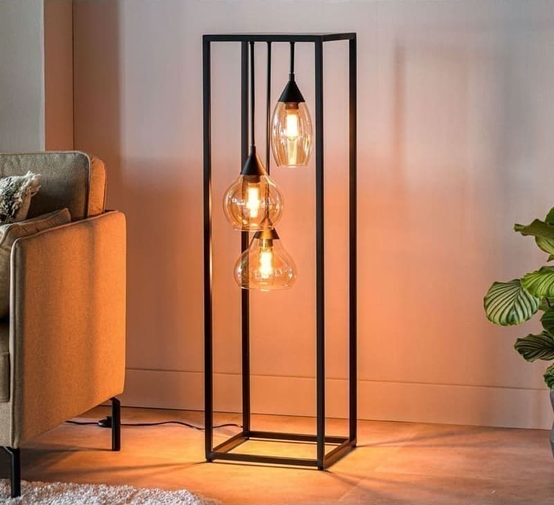 Pronto Wonen Vloerlamp Lungo glas amber zwart 3-lichts Zwart Verlichting