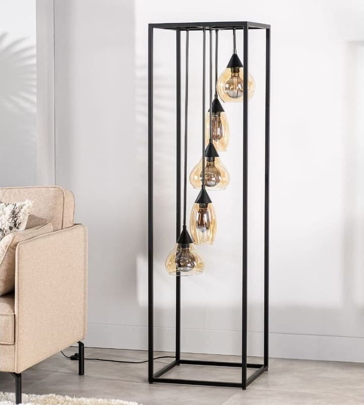 Pronto Wonen Vloerlamp Lungo glas amber zwart 5-lichts Zwart Verlichting