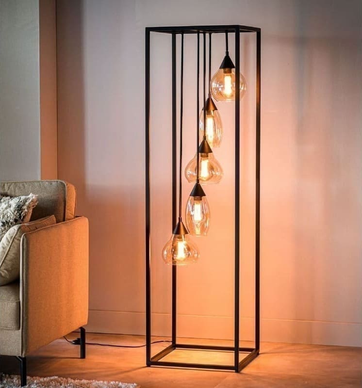 Pronto Wonen Vloerlamp Lungo glas amber zwart 5-lichts Zwart Verlichting