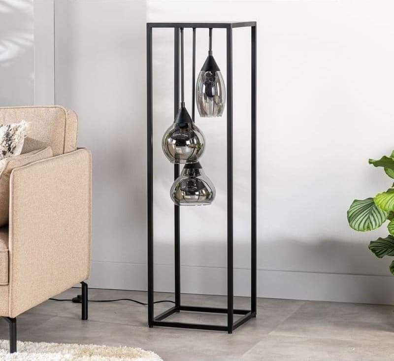 Pronto Wonen Vloerlamp Lungo glas smoke zwart 3-lichts Zwart Verlichting