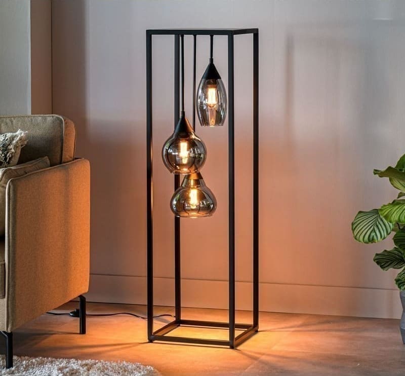 Pronto Wonen Vloerlamp Lungo glas smoke zwart 3-lichts Zwart Verlichting