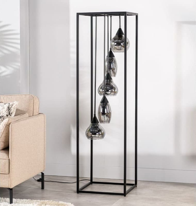 Pronto Wonen Vloerlamp Lungo glas smoke zwart 5-lichts Zwart Verlichting