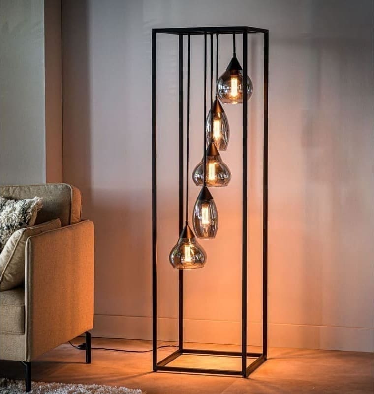 Pronto Wonen Vloerlamp Lungo glas smoke zwart 5-lichts Zwart Verlichting