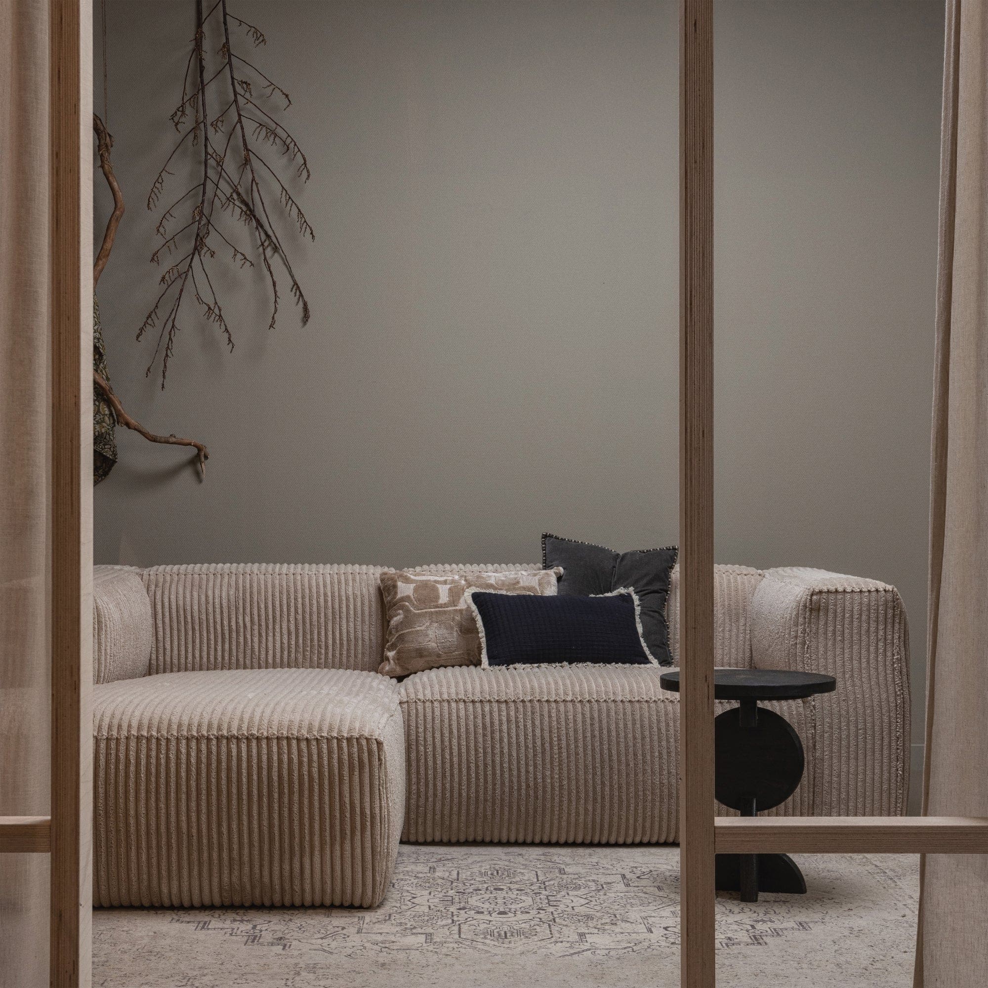 WOOOD Bean chaise longue links grove ribstof travertin Beige|Taupe