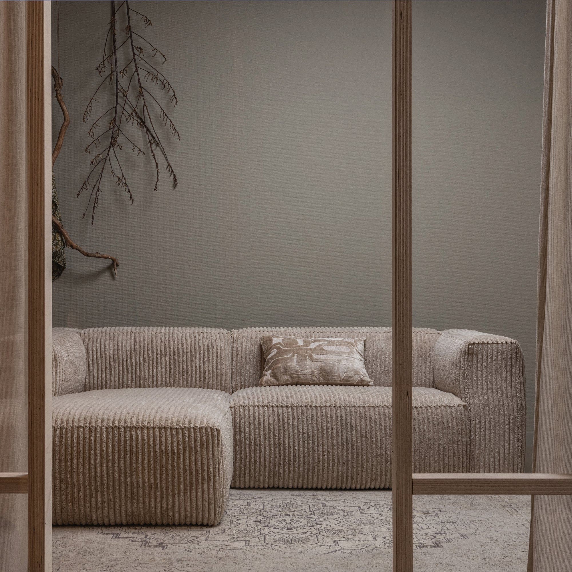 WOOOD Bean chaise longue links grove ribstof travertin Beige|Taupe