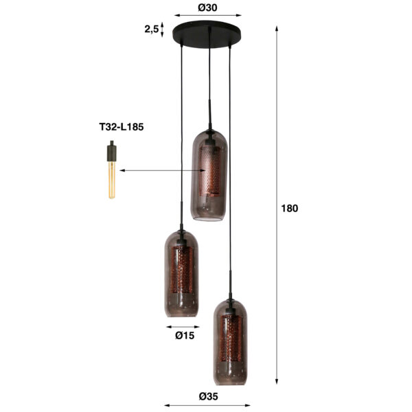 Hanglamp 3L Getrapt Smoke Glas-geperforeerd Staal - Artic Zwart Bullcraft Hanglamp 7830/77