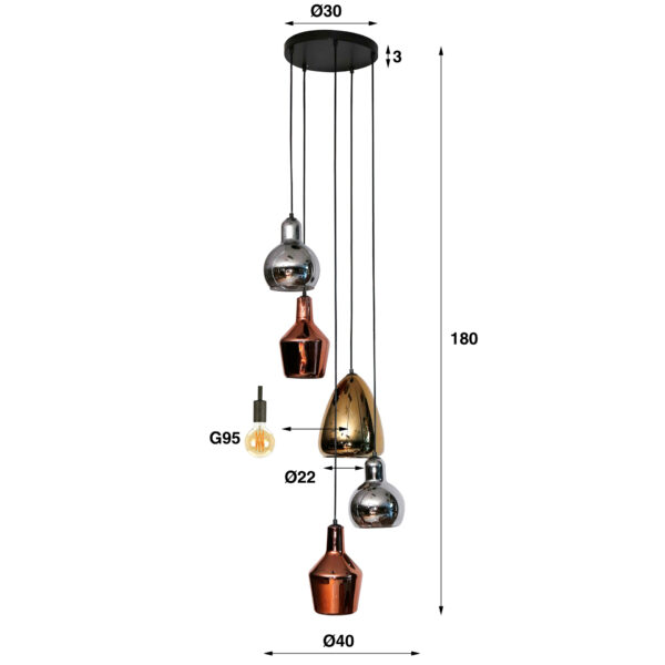 Hanglamp 5L Getrapt Mix Glass Tricolore - Artic Zwart Bullcraft Hanglamp 7460/77
