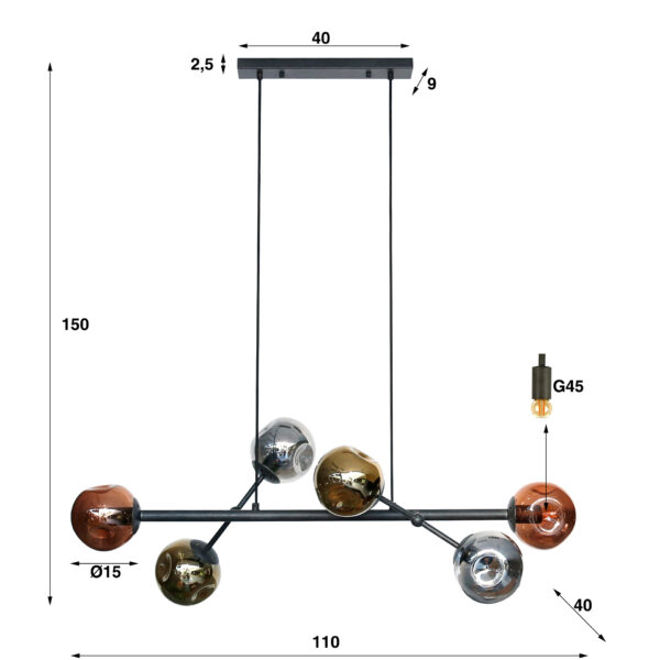 Hanglamp 6L Molecule Mix Glass - Artic Zwart Bullcraft Hanglamp 7778/77