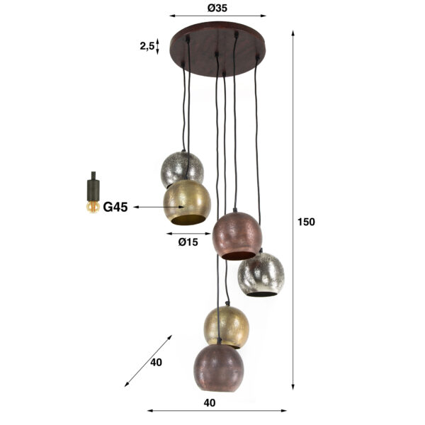 Hanglamp 6x Bol Getrapt Metal Print - Mat Nikkel Mix Color Bullcraft Hanglamp 7155/31M