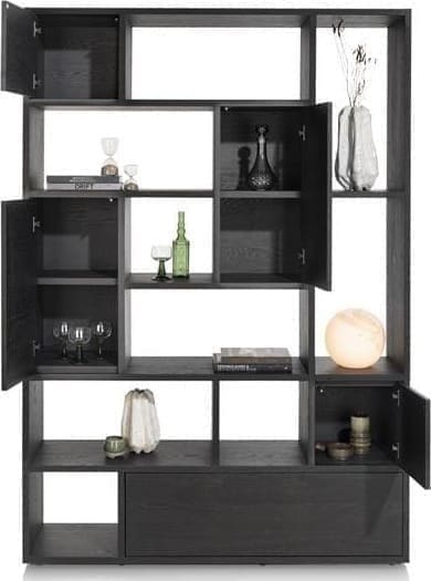 Xooon Lugana roomdivider 150 cm - 4-deuren + 1-lade + 8-niches - onyx Zwart Kast