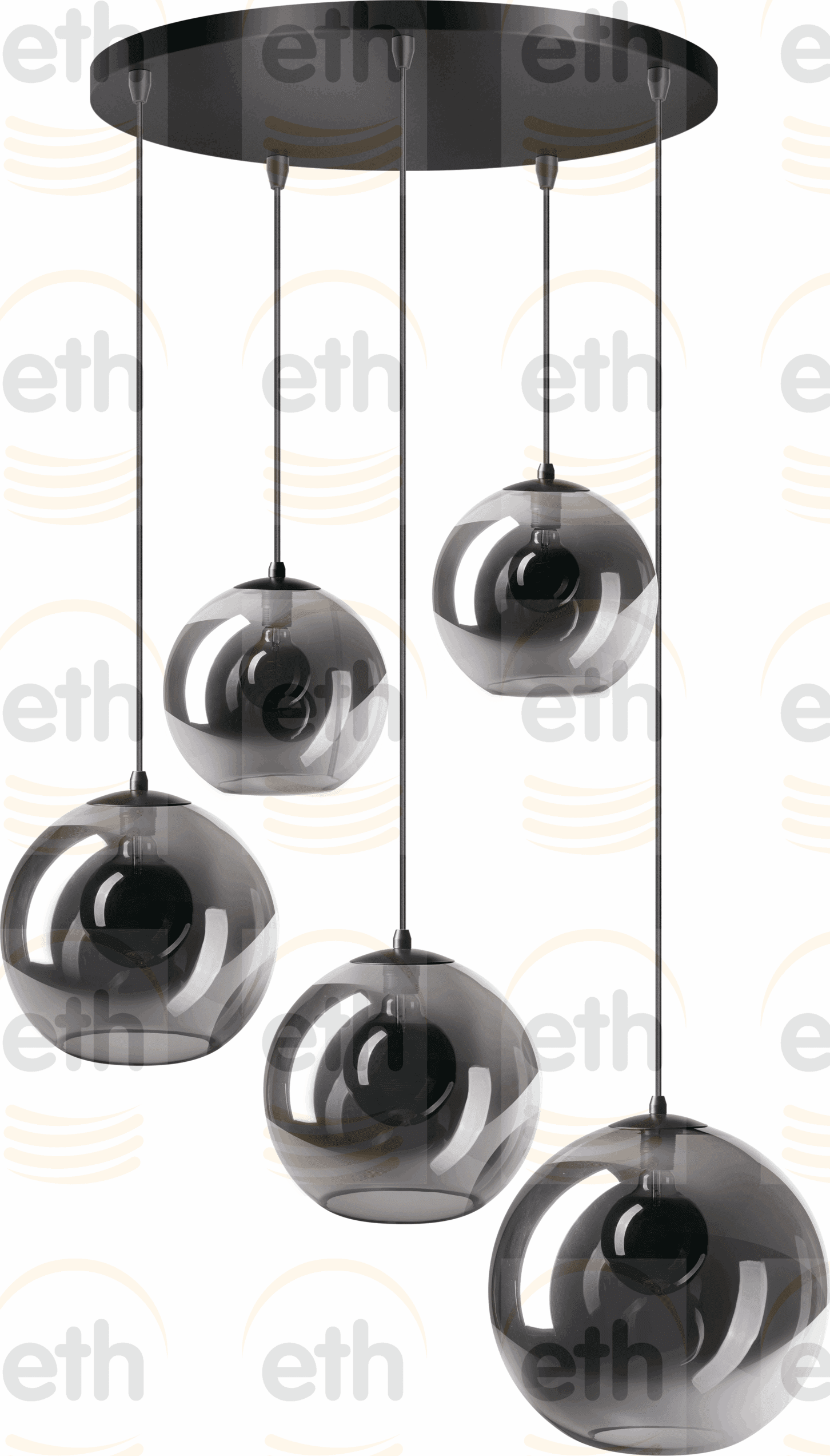 ETH Orb Hanglamp 5x E27 Smoke/mirror Glas 2x20-2x25-30cm / Zwart 50cm Ronde Plaat / Kabel 3.5 Meter ETH verlichting Hanglamp 05-HL4268-3036