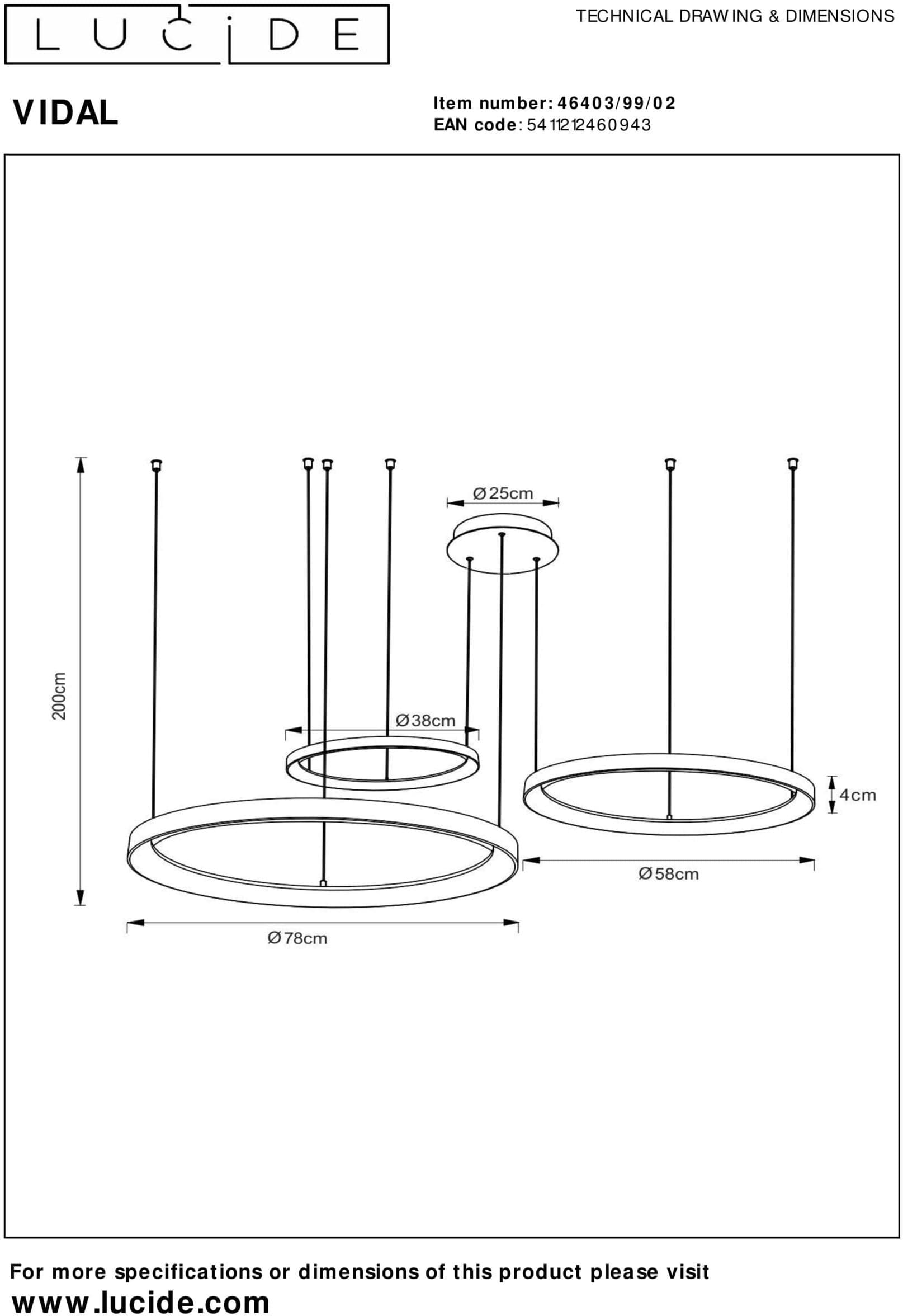 VIDAL Hanglamp LED Dimb. 1x120W 2700K - Mat Goud / Messing Lucide Hanglamp 46403/99/02