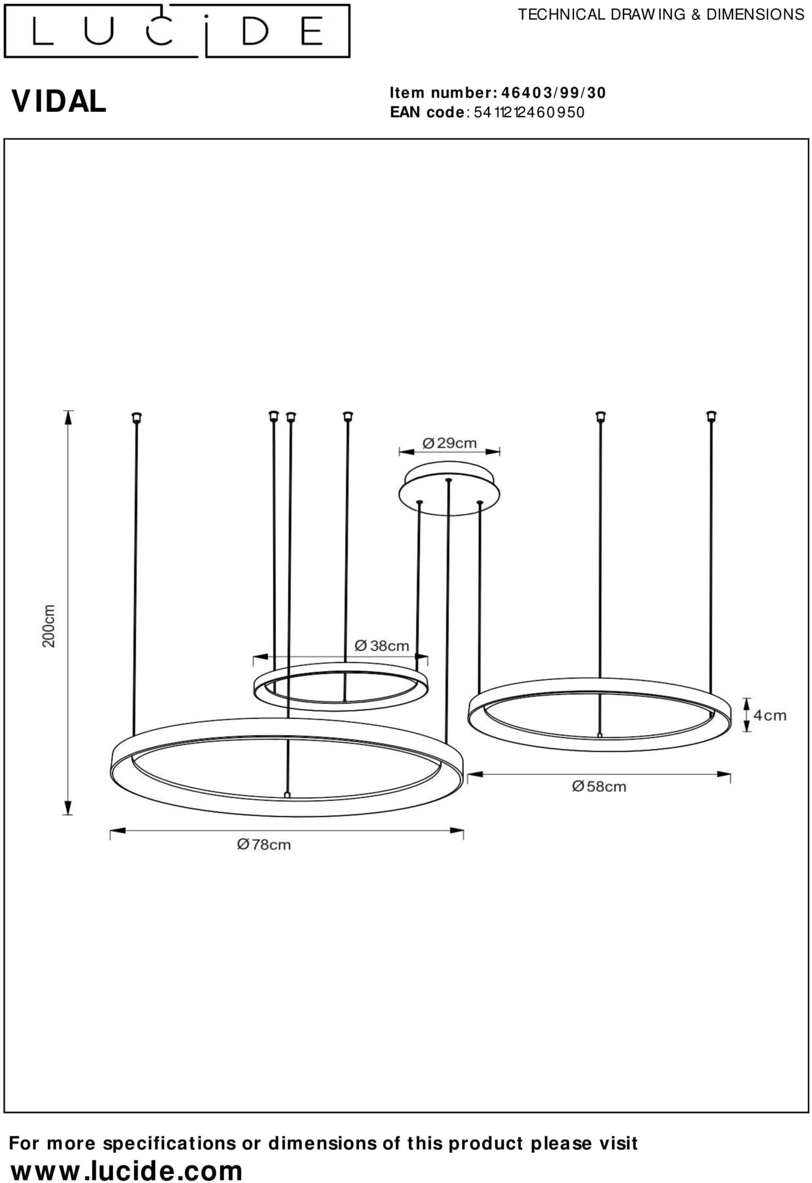 VIDAL Hanglamp Ø78 cm LED Dimb. 1x120W 2700K - Zwart Lucide Hanglamp 46403/99/30
