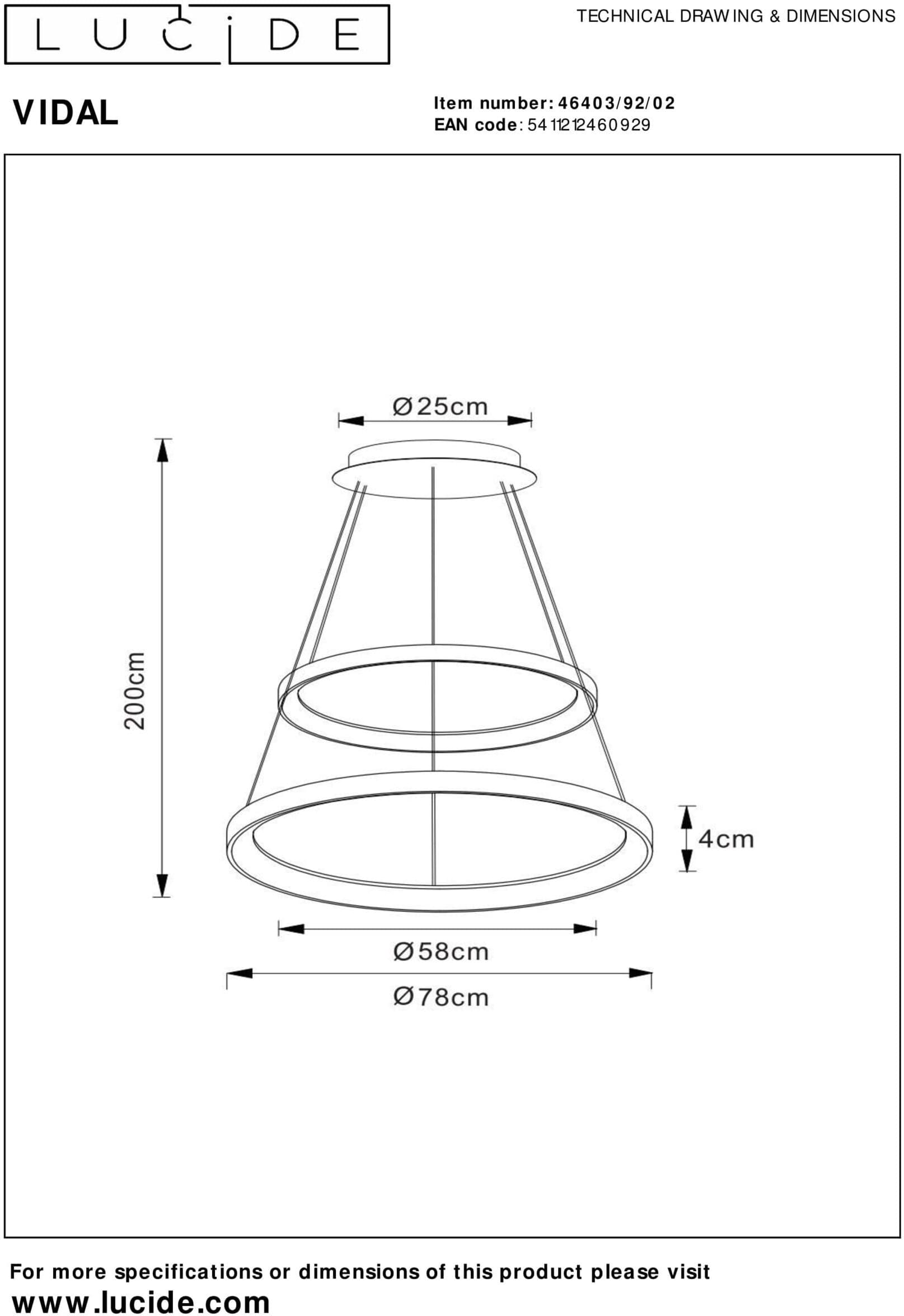 VIDAL Hanglamp Ø78 cm LED Dimb. 1x92W 2700K - Mat Goud / Messing Lucide Hanglamp 46403/92/02
