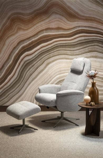 Xooon Tonale relax-fauteuil incl. poef - graphiet frame - stof Vada kiezel of koper - kiezel Grijs|Wit Fauteuil