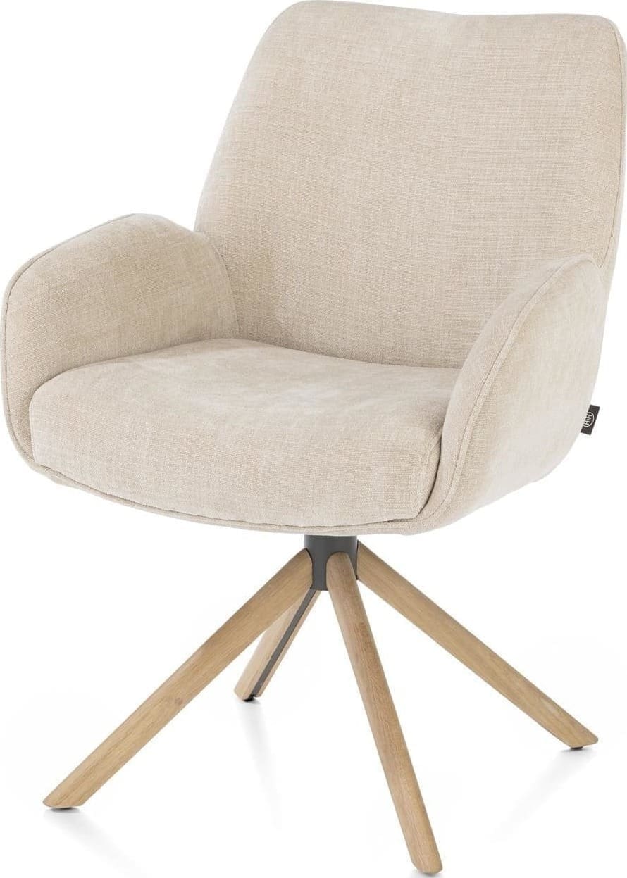 Henders & Hazel Riley armstoel 4-poots naturel eiken met relaxsysteem - draaibaar + pocket - stof Cadiz - creme Beige|Wit Armstoel