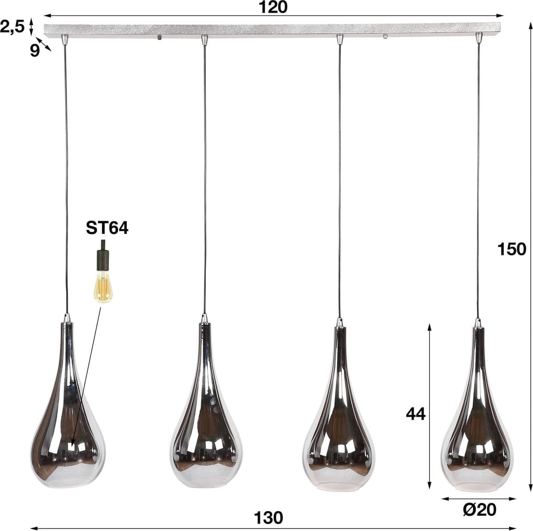 Hanglamp 4L Silver Drop Glass - Chromed Glas Bullcraft Hanglamp 8308/39C