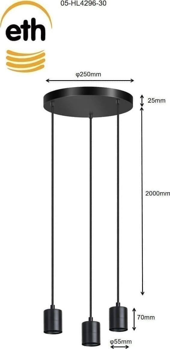 ETH Origin Hanglamp Trio 3x E27 200cm Kabel Zwart Zonder Glas ETH verlichting Hanglamp 05-HL4296-30