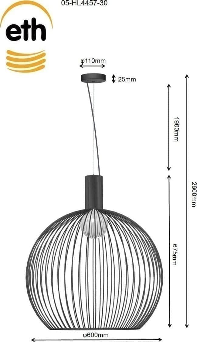 ETH Wire Hanglamp 60cm 1x E27 Zwart ETH verlichting Hanglamp 05-HL4457-30