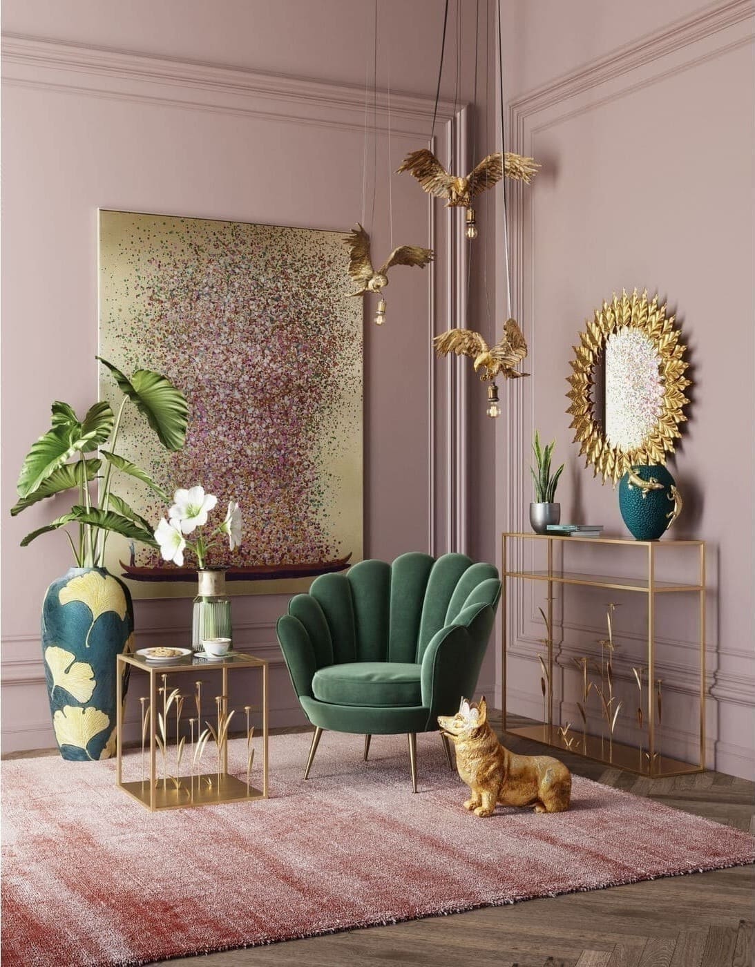 Schilderij Canvas Flower Boat Gold Pink 120x160cm Kare Design Schilderij 65737
