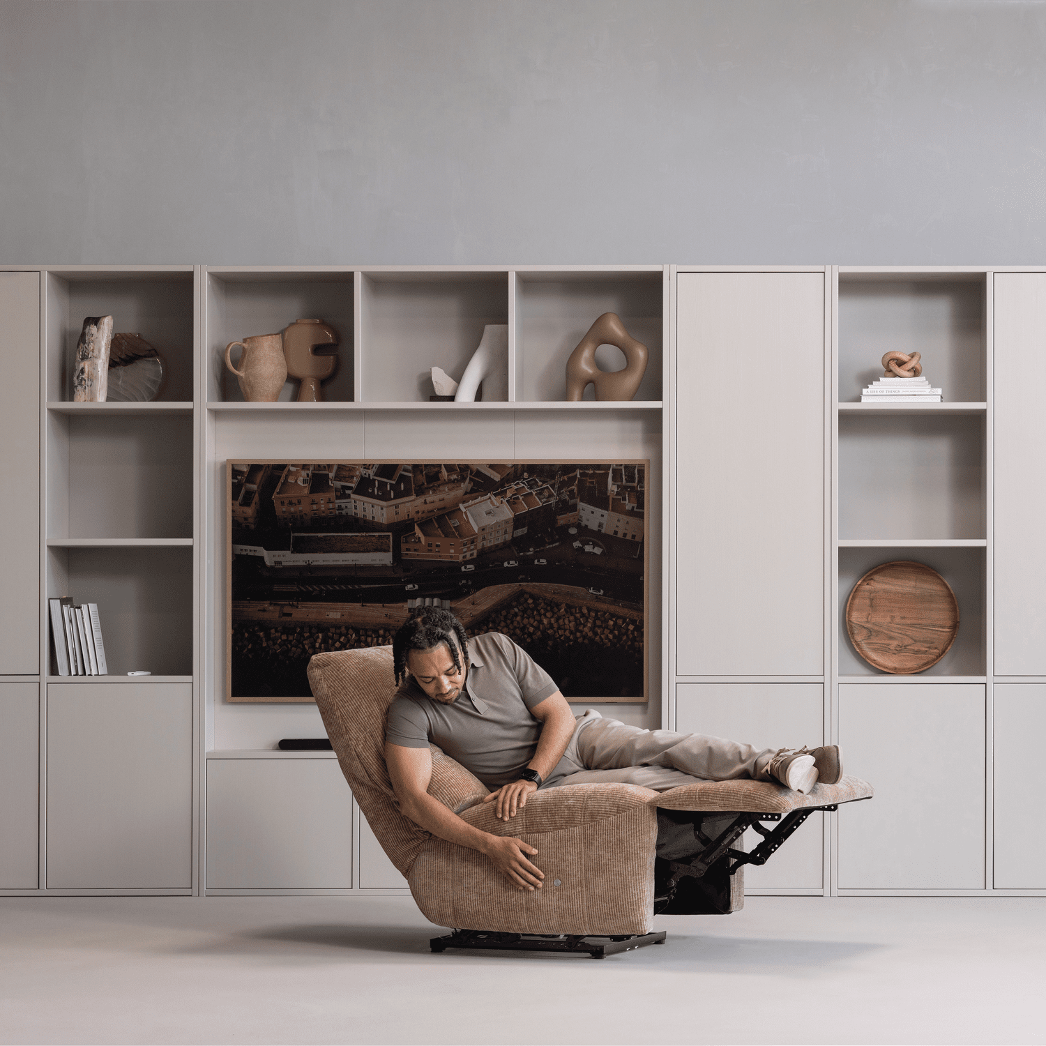 WOOOD Hein relaxfauteuil elektrisch geweven rib lichtbruin Lichtbruin Fauteuil