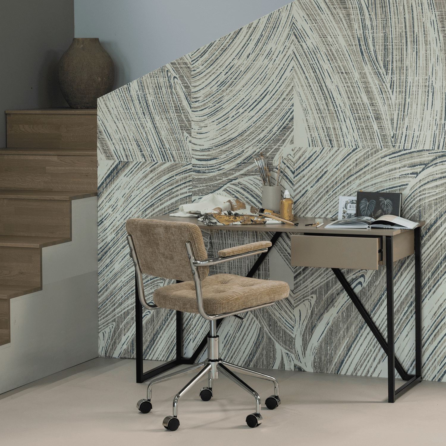 WOOOD Kova bureaustoel geweven ribstof donkerzand Bruin|Beige Bureau