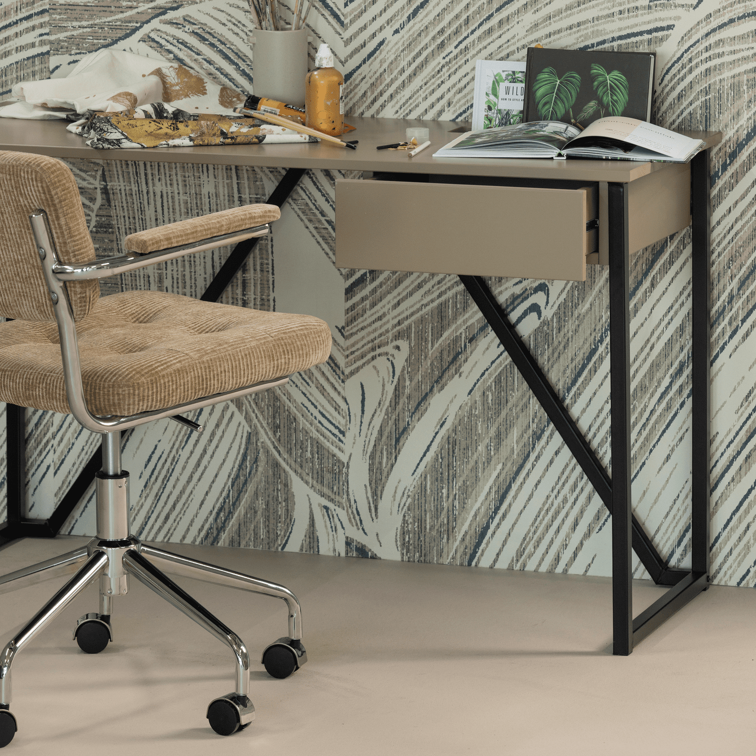 WOOOD Kova bureaustoel geweven ribstof donkerzand Bruin|Beige Bureau