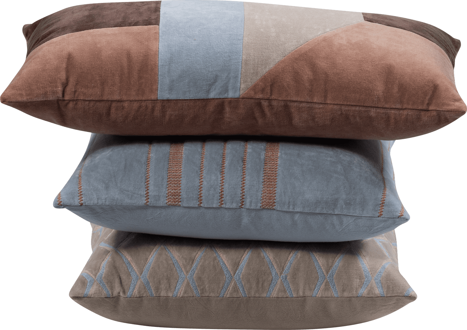 WOOOD Laon kussens velvet naturel/blauw - set van 3 Naturel Sierkussen