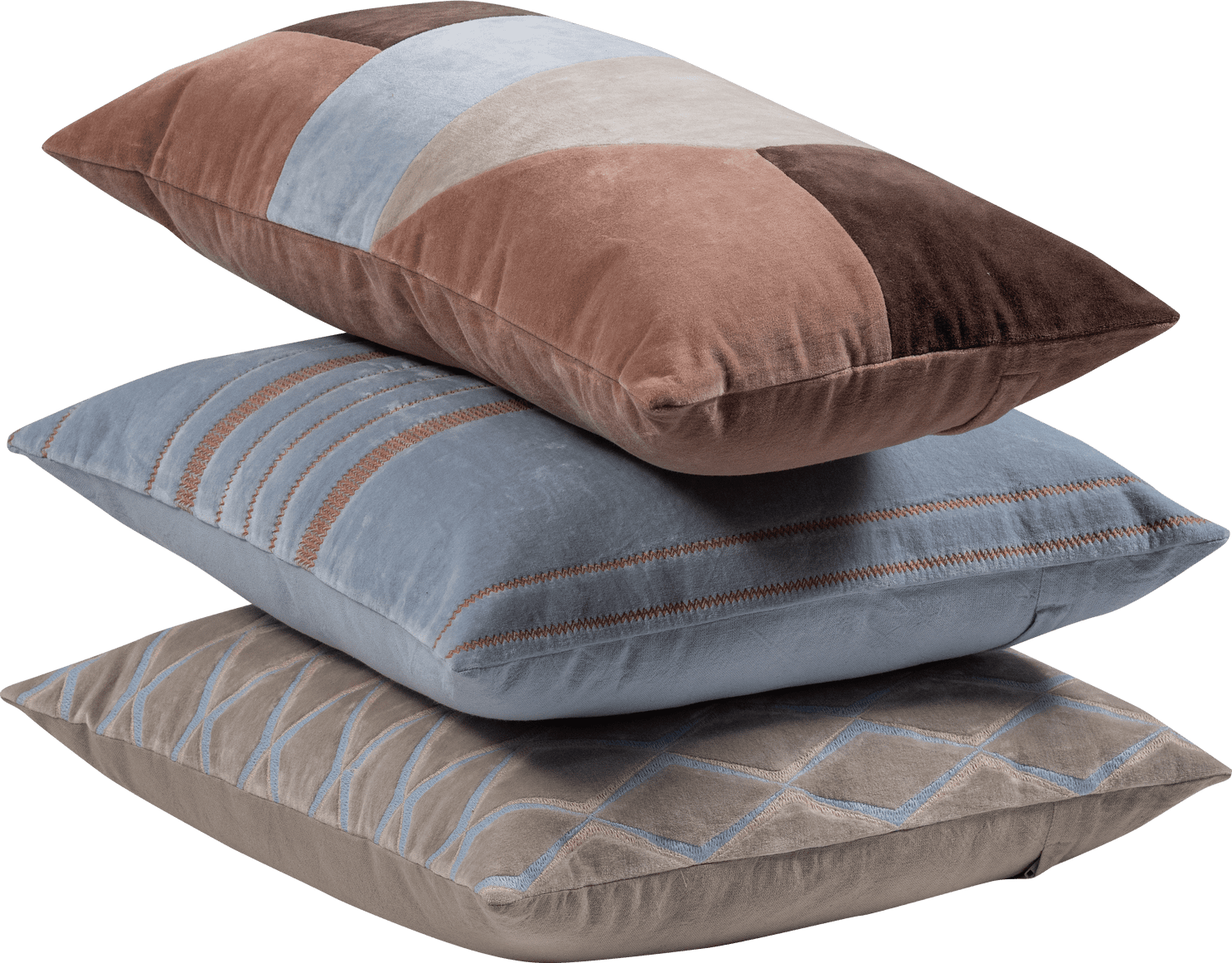 WOOOD Laon kussens velvet naturel/blauw - set van 3 Naturel Sierkussen