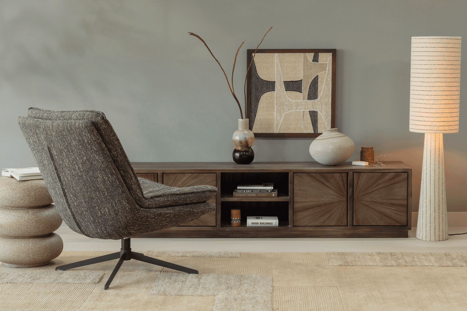 WOOOD Loft vloerlamp metaal/boucle naturel met strepen 130xo30cm Naturel Vloerlamp