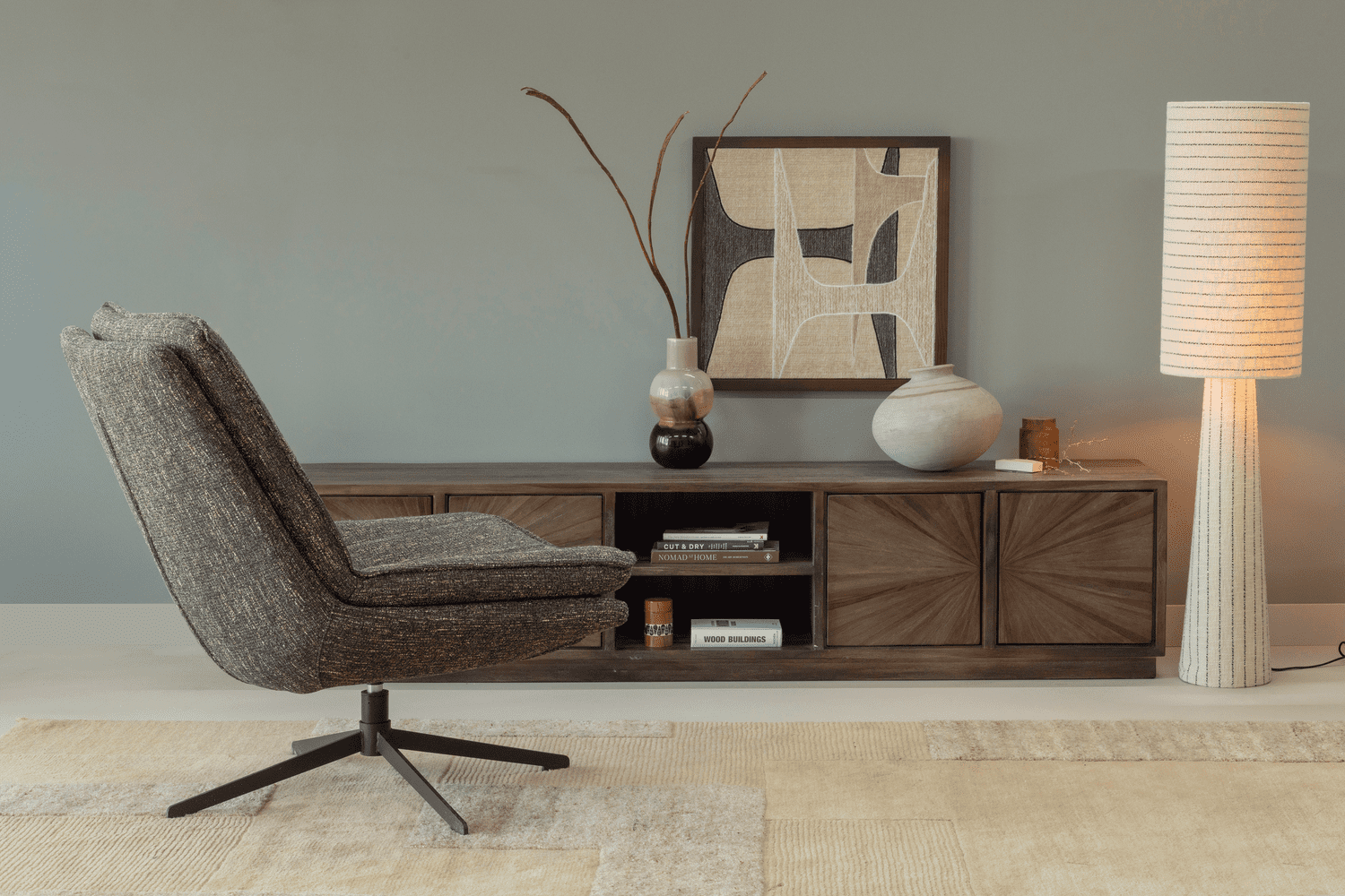 WOOOD Loft vloerlamp metaal/boucle naturel met strepen 130xo30cm Naturel Vloerlamp