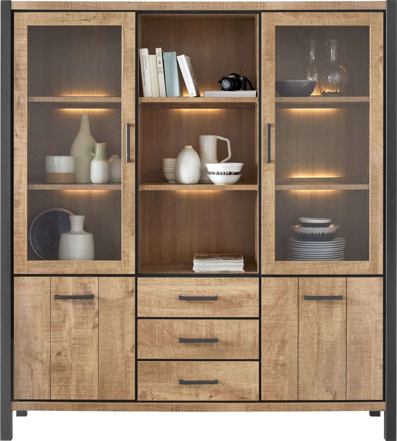 Profijt Meubel Vitrinekast Mantera 200x180x48 cm lichtbruin Bruin Vitrinekast|Kast