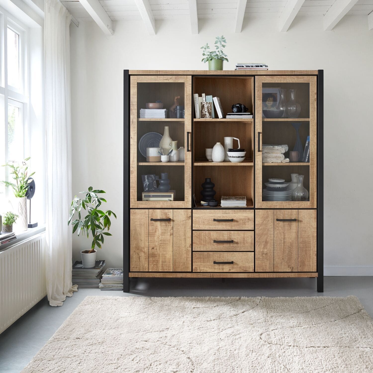 Profijt Meubel Vitrinekast Mantera 200x180x48 cm lichtbruin Bruin Vitrinekast|Kast