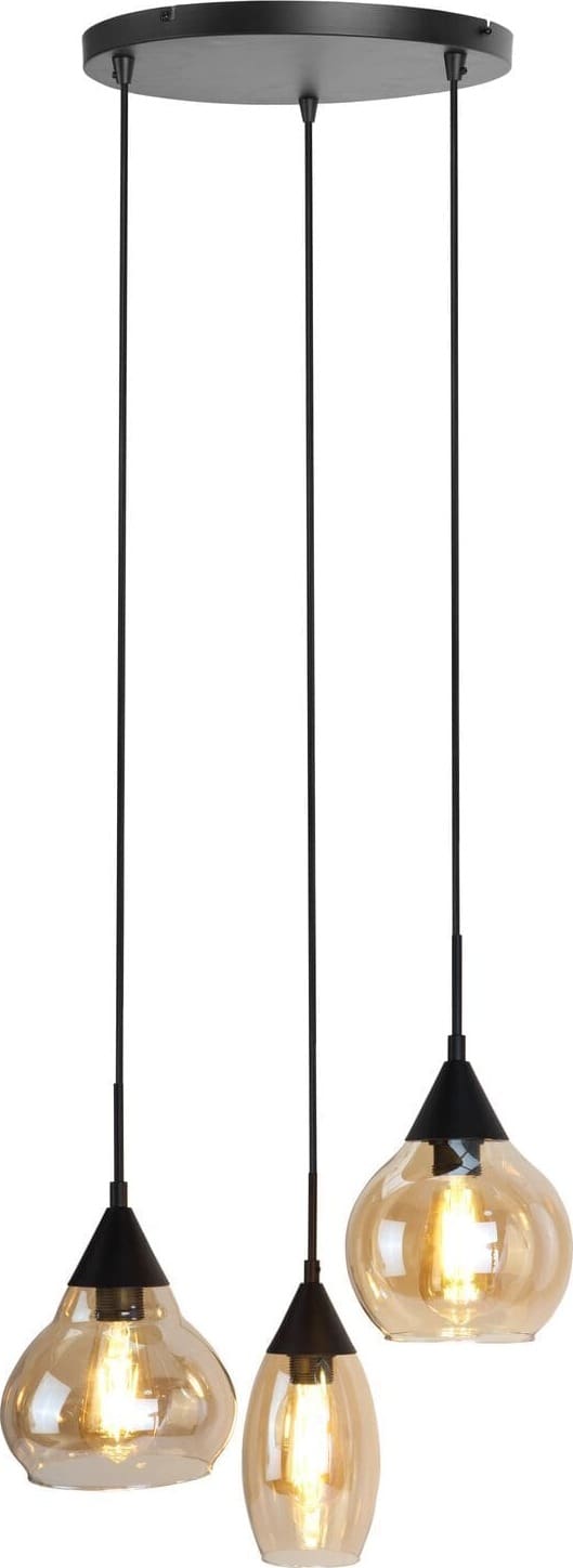 Pronto Wonen Hanglamp Lungo zwart amber glas 3-lichts Zwart Verlichting
